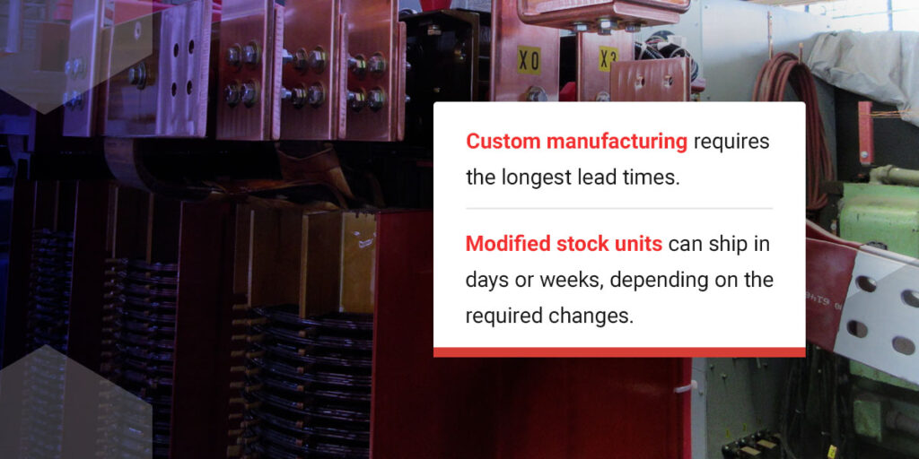Custom manufacturing requires the longest lead times since suppliers must design, fabricate and test every component before shipment.